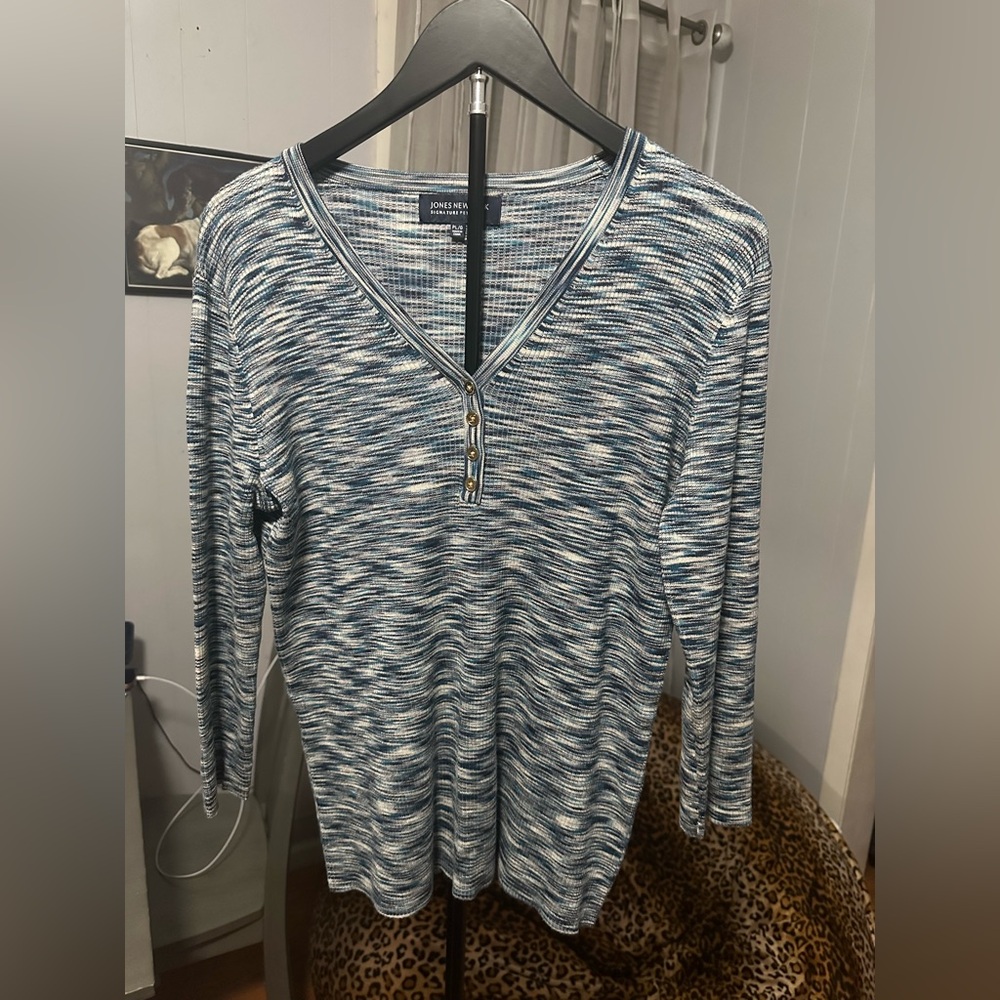 Jones New York Signature Petite V-Neck Henley Knit Top Blue Heathered Size PL